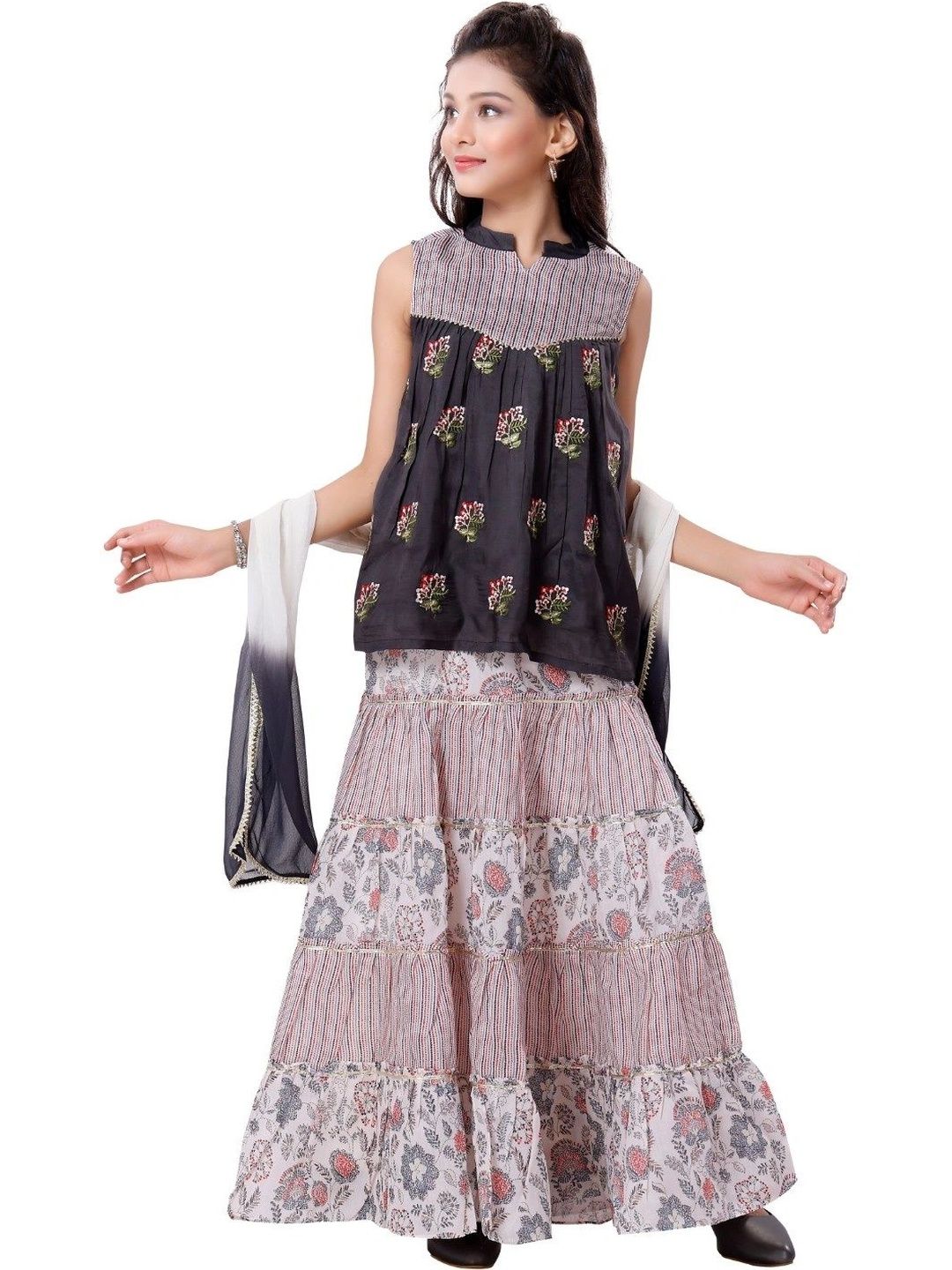 MASTARANG Girls Ethnic Motifs Embroidered Empire Thread Work Kurti with Sharara & With Dupatta-picture-58