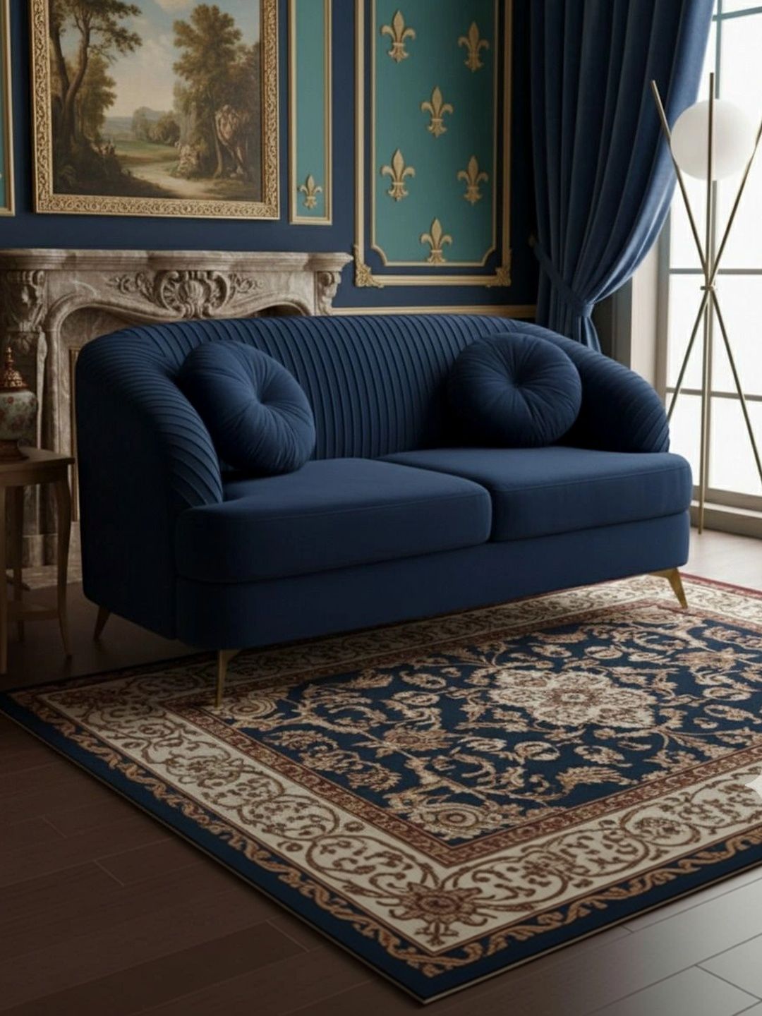 Soul craft Navy Blue 2 Seater Velvet Sofa With 2 Pillows-picture-11