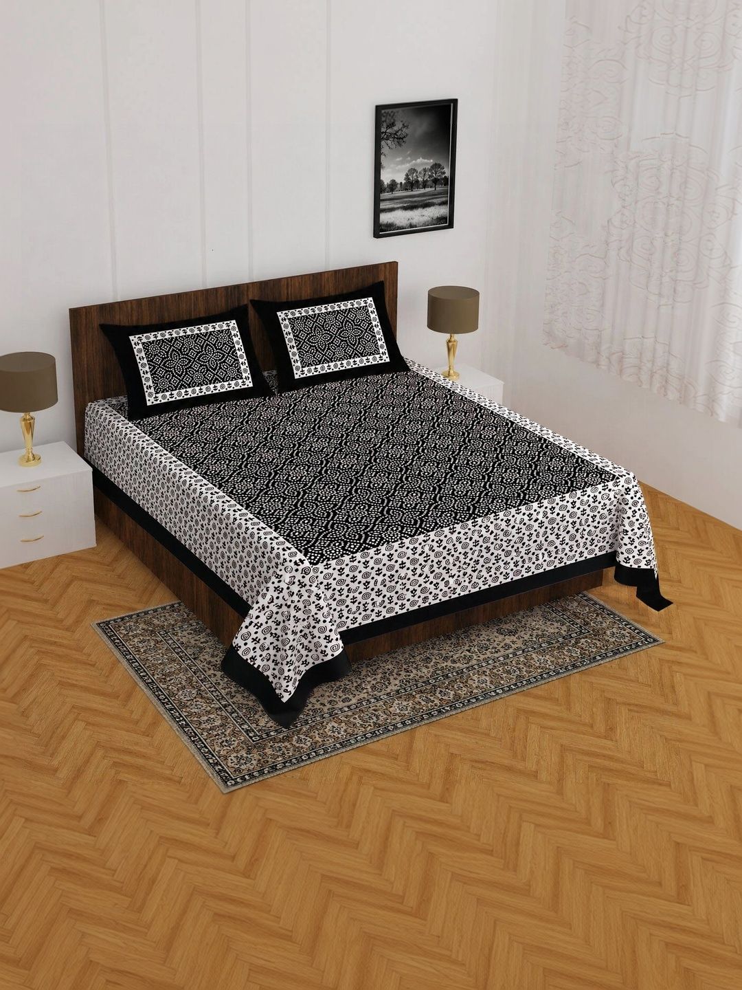TIMELESS TRENDS Black & White Ethnic Motifs 144 TC Bedsheet with 2 Pillow Covers-picture-48