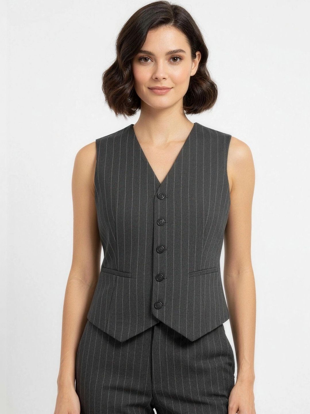 Neet Striped V-Neck Woven Casual Waistcoat-picture-50