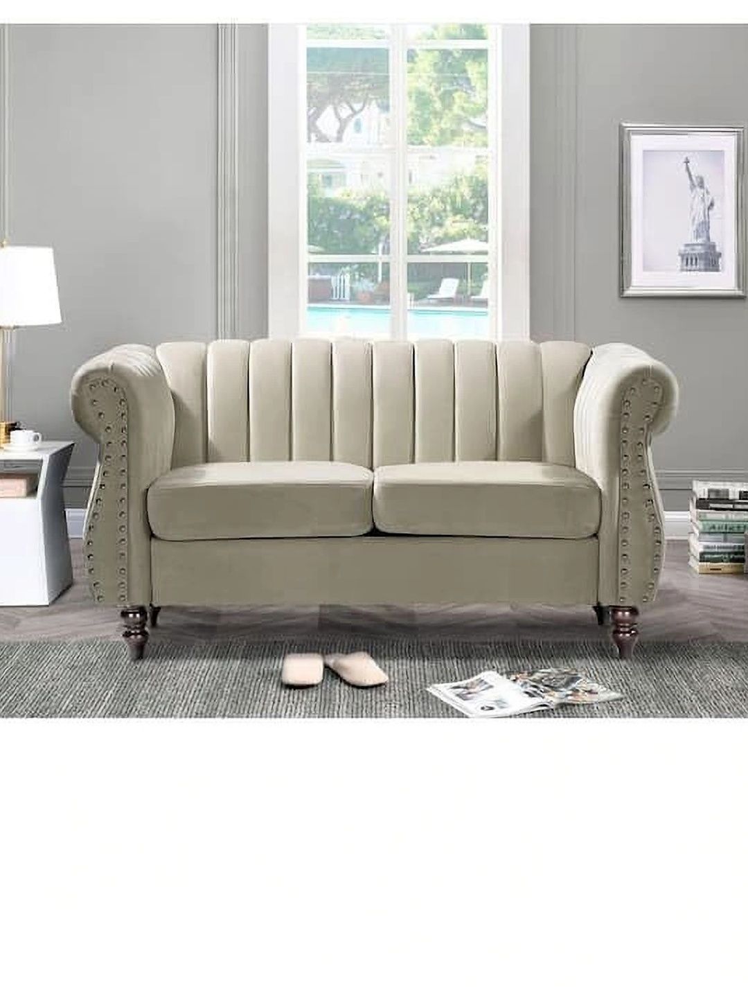 INDIAWOODMART Beige Velvet & Wooden 2-Seater Sofa-picture-43