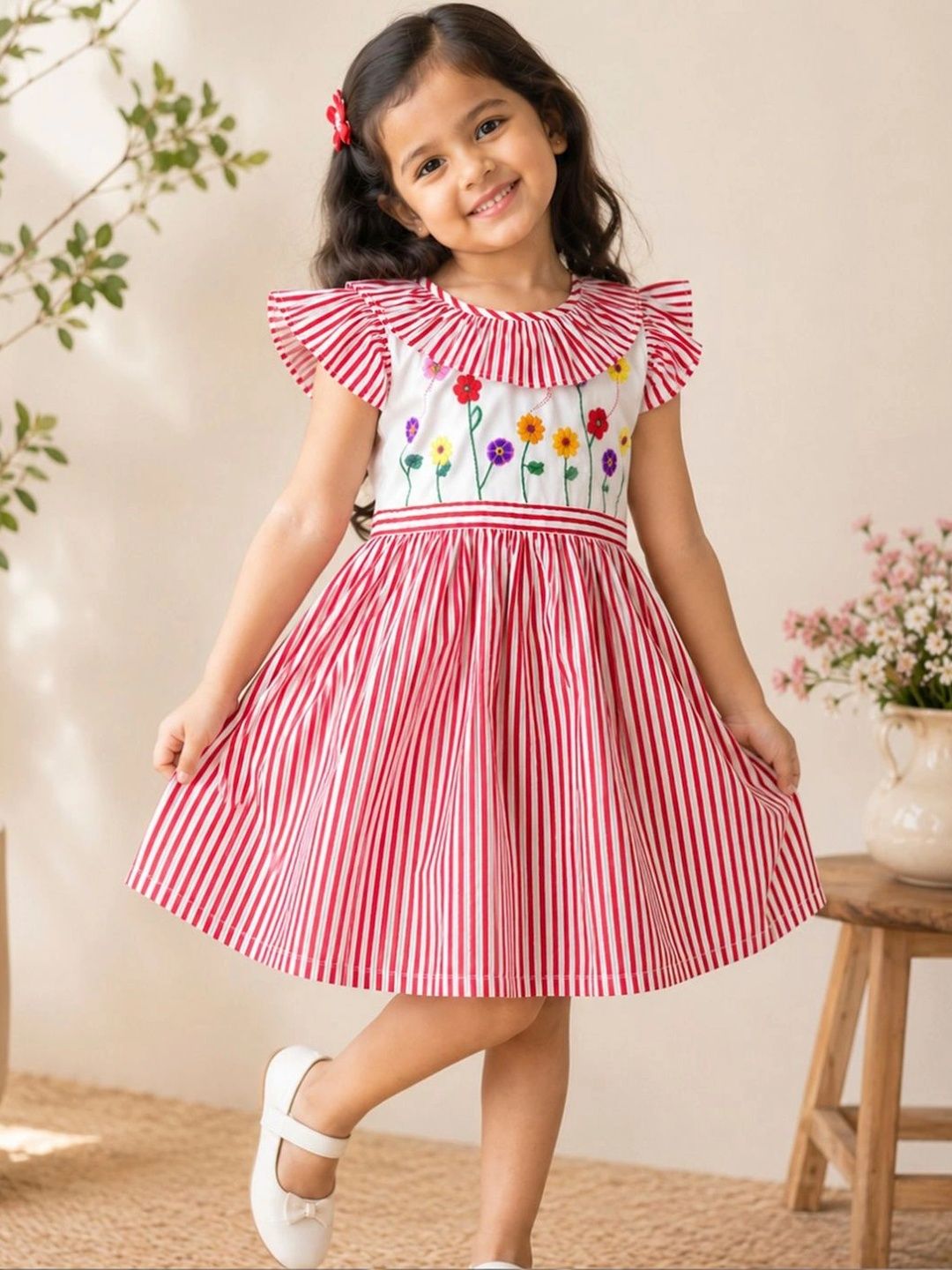 Abeo Floral Embroidered Flared Sleeve Ruffled A-Line Dress-image-44