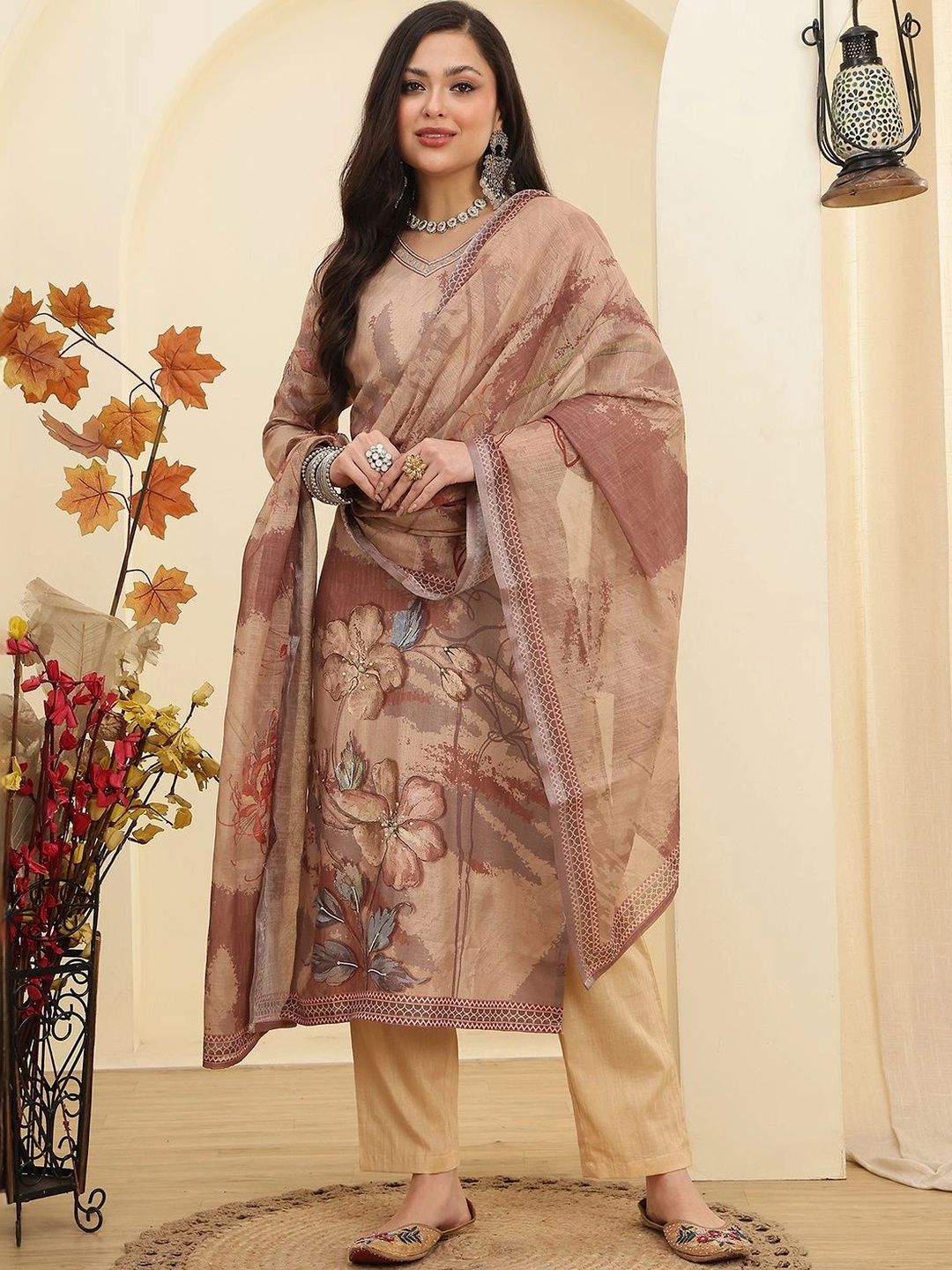 Moda Rapido Women Floral Printed Regular Linen Kurta with Trousers & With Dupatta-picture-10