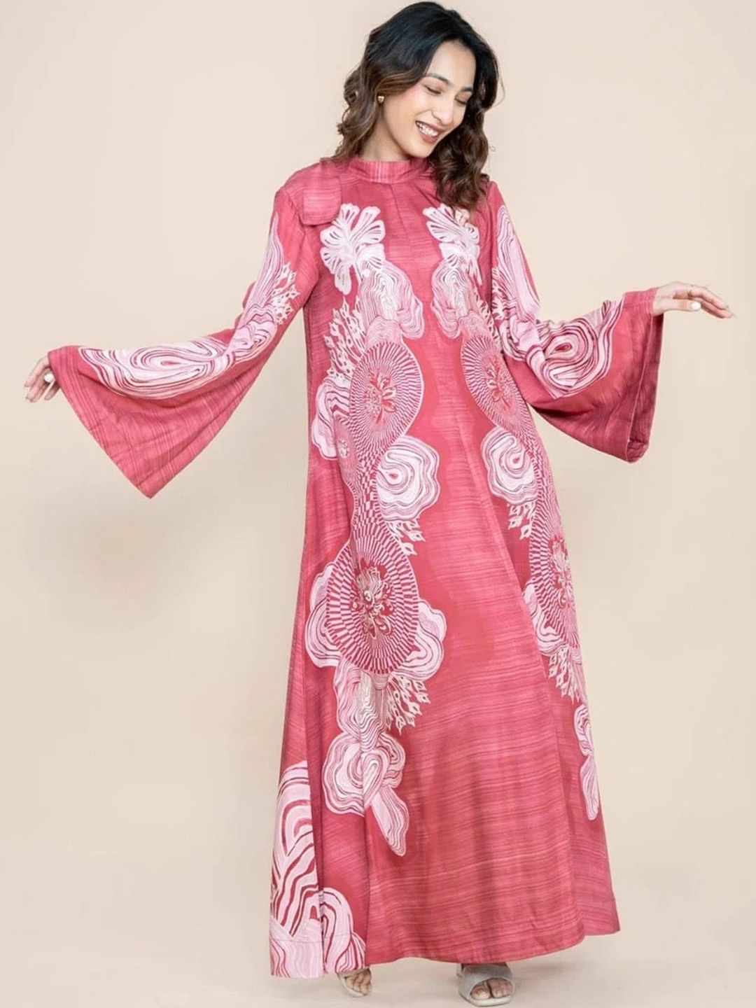 FREEDOM TREE Print Bell Sleeve Satin Maxi Dress-picture-5