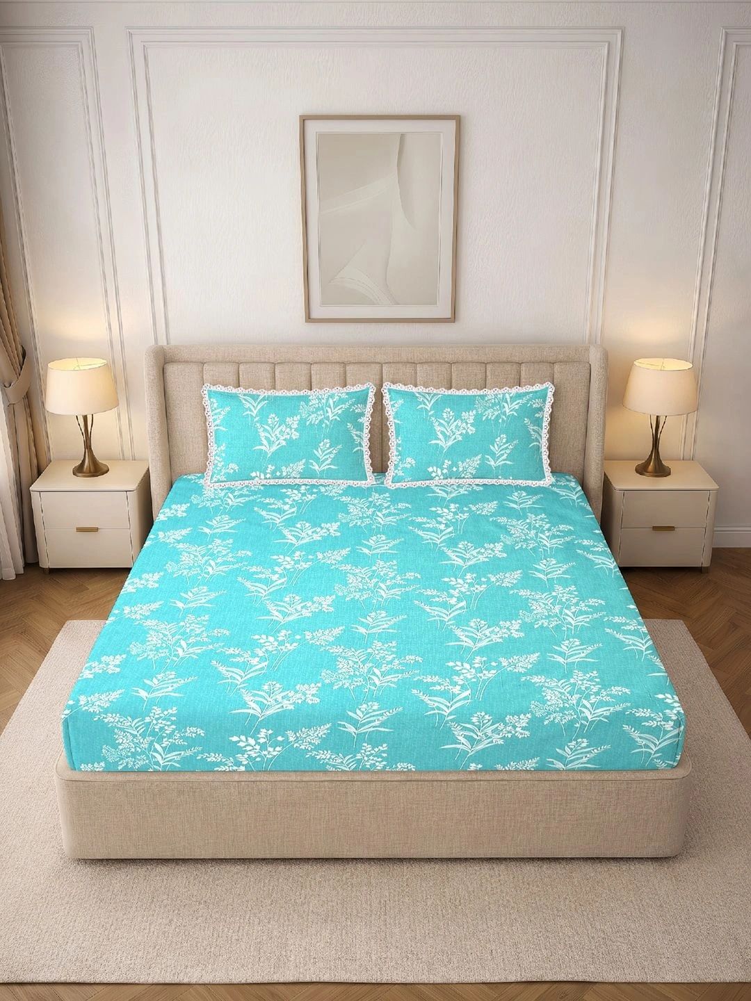 MORADO Sea Green & White Floral 130 TC Bedsheet with 2 Pillow Covers-picture-4