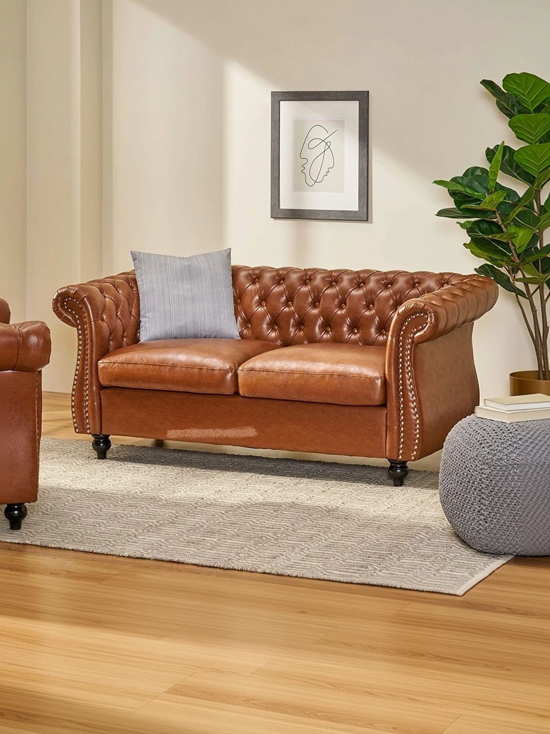 INDIAWOODMART Brown Velvet & Wooden 2-Seater Sofa-picture-43