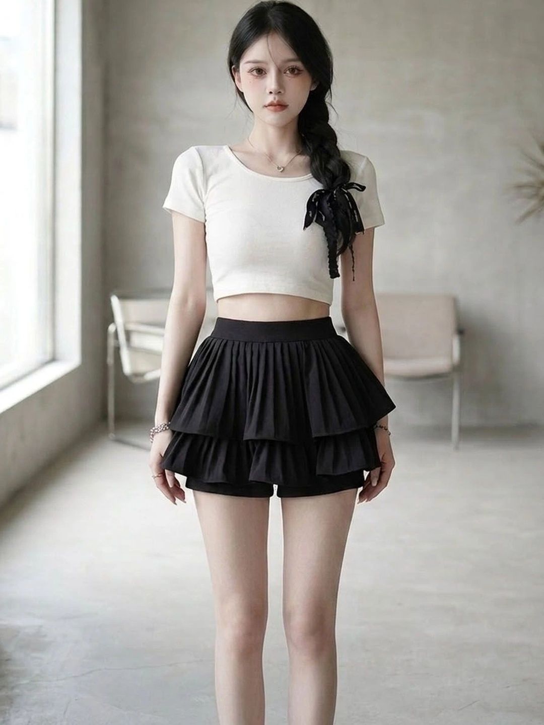 Suo Women Tiered Mini Skorts Skirt-picture-10