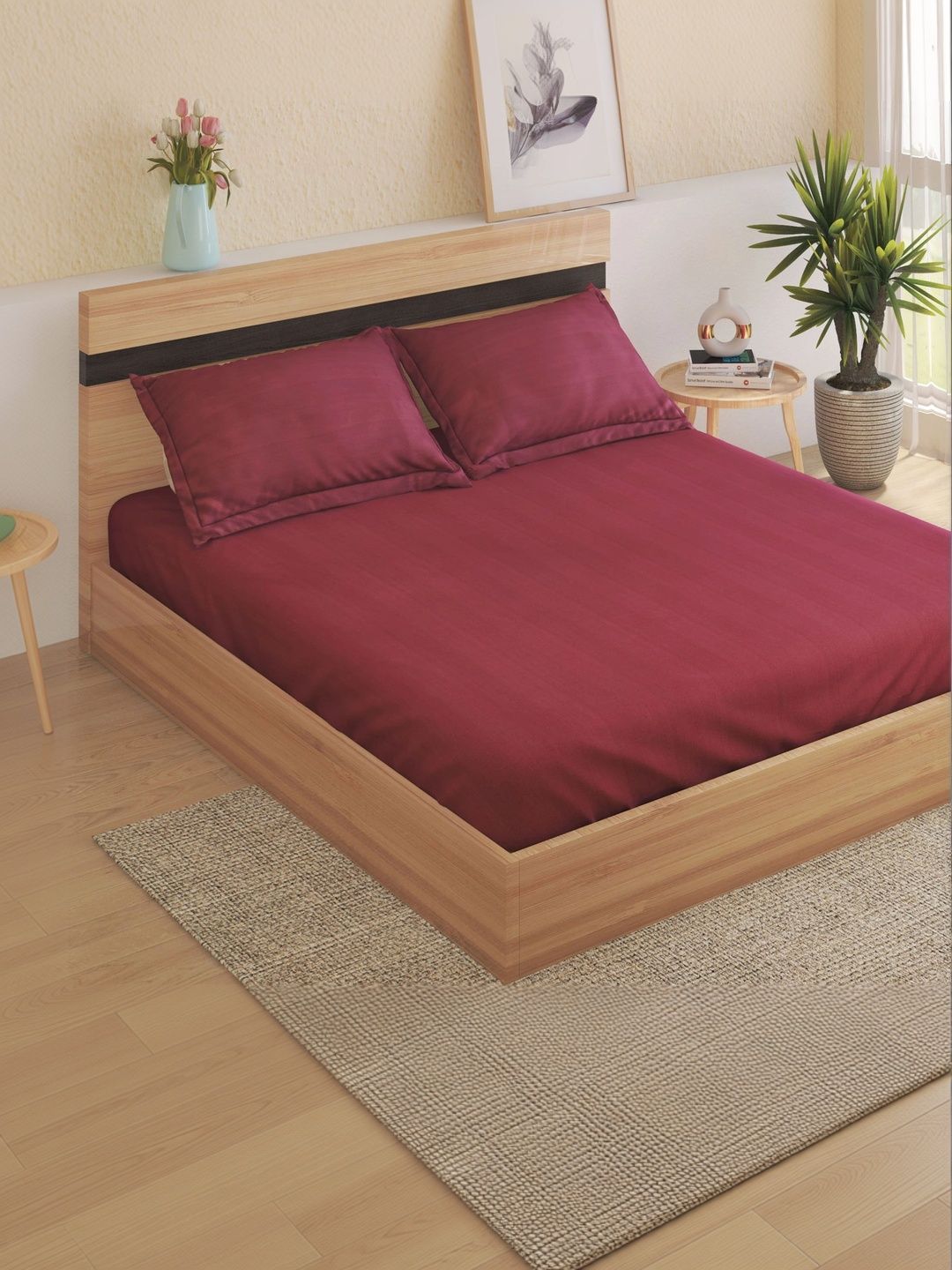 Home Centre Maroon Striped 144 TC Queen Bedsheet with 2 Pillow Covers-image-42