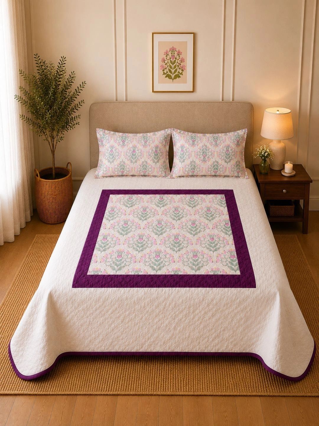 Linen Home Cream Floral Printed Double Bed - King Bed Covers-picture-30