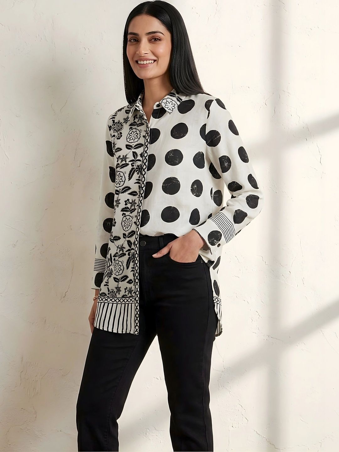 Banwaree Polka Dot Colourblocked Monochrome Crepe Top-picture-40