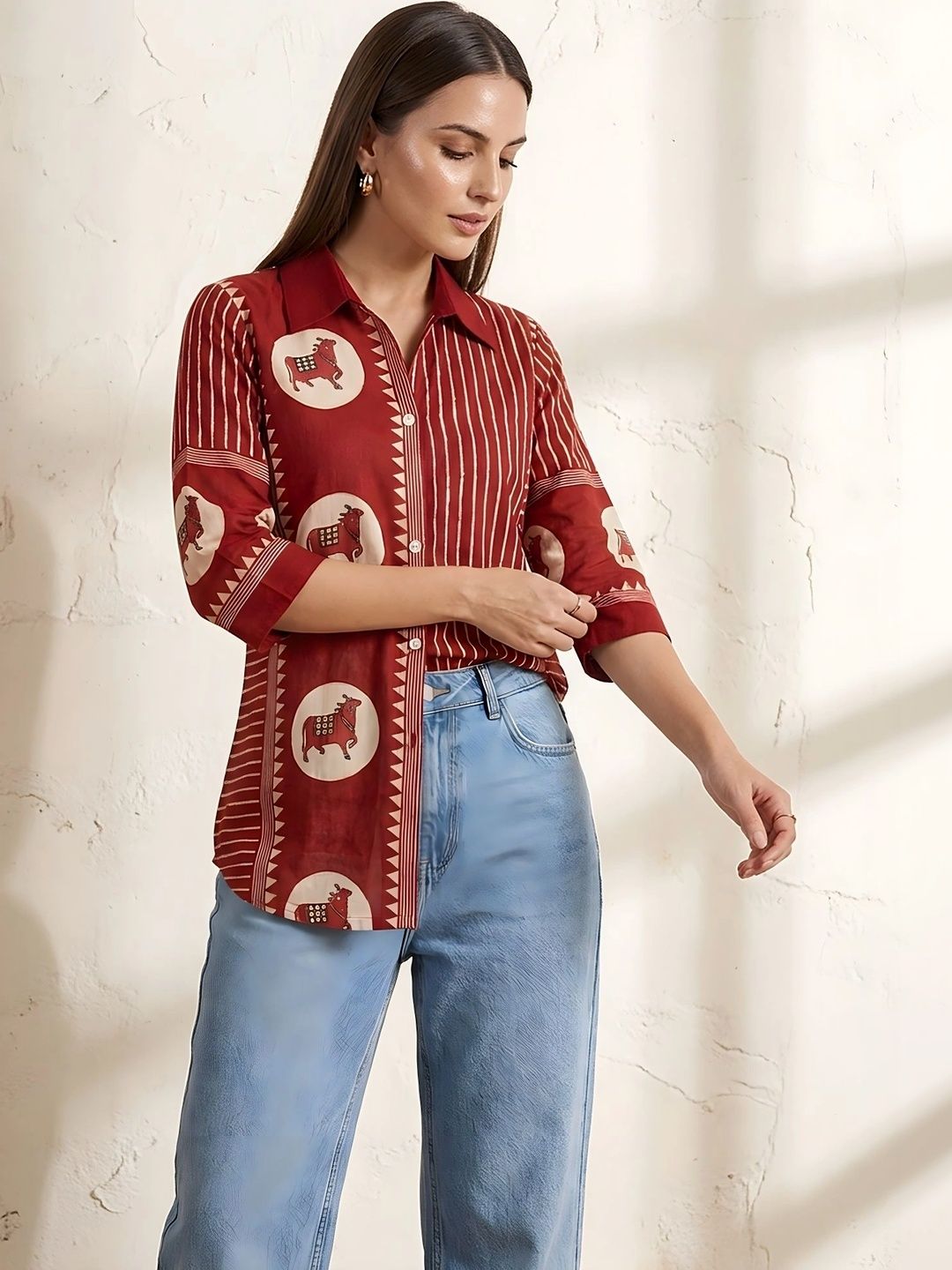 Sangria Animal Print Crepe Shirt Style Top-image-5