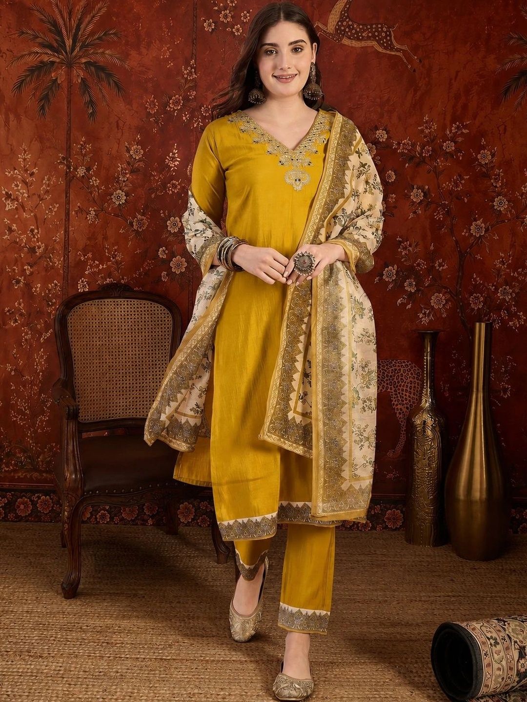 Sangria Women Ethnic Motifs Regular Thread Work Kurta with Trousers & With Dupatta-picture-17