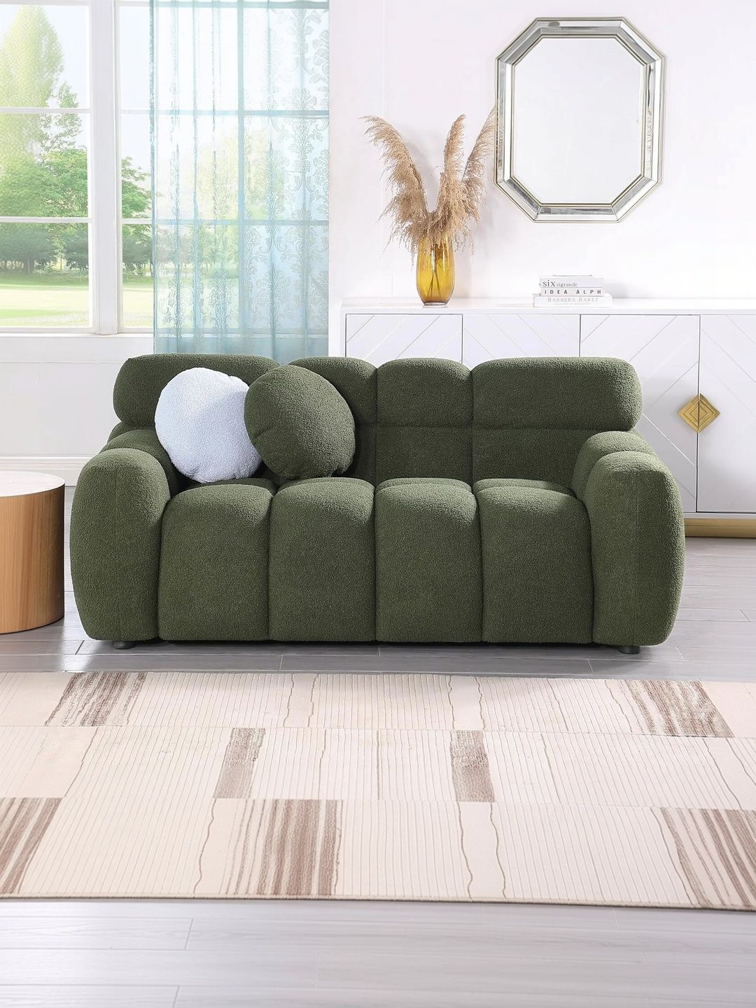 INDIAWOODMART Green Fabric & Wooden 2-Seater Sofa With Cushions-picture-49