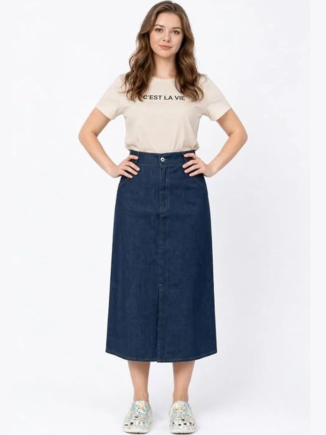 Pink Clap Fashion Women Denim Front Slit Midi A-Line Skirt-image-33