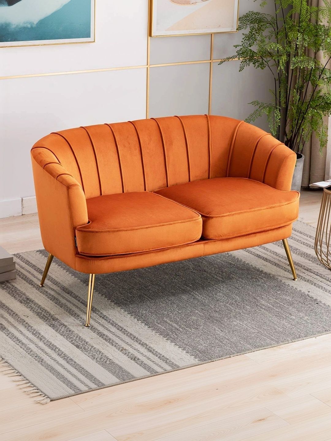Soul craft Orange Velvet & Wooden 2-Seater Sofa-picture-44