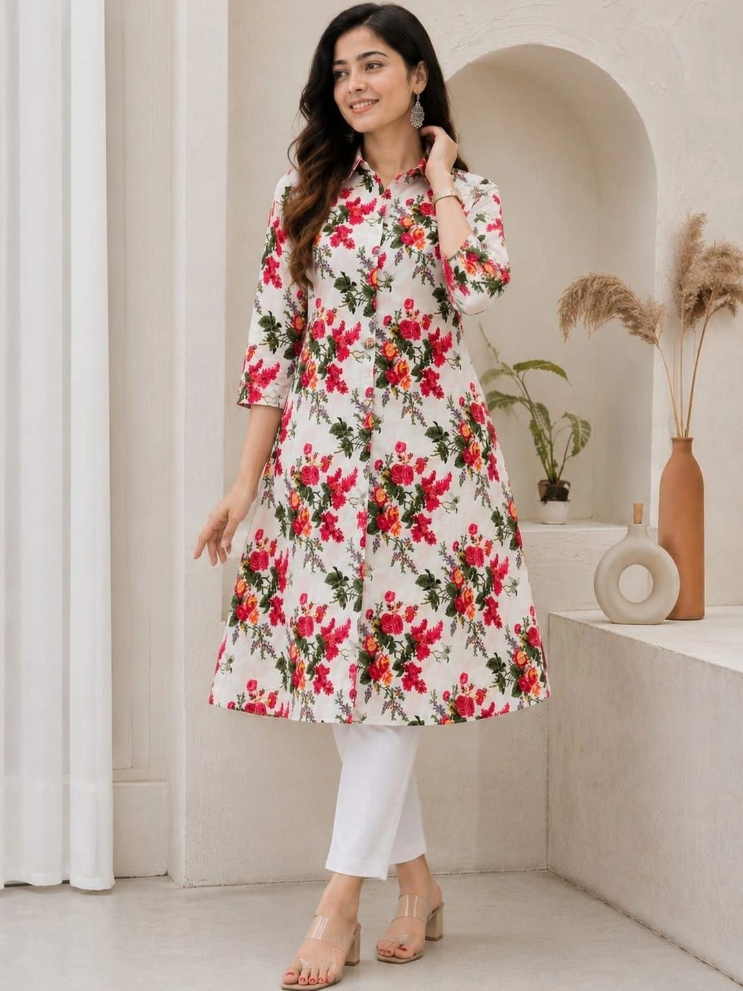 JIVANDHARA Floral Printed Shirt Collar Kurti-picture-48