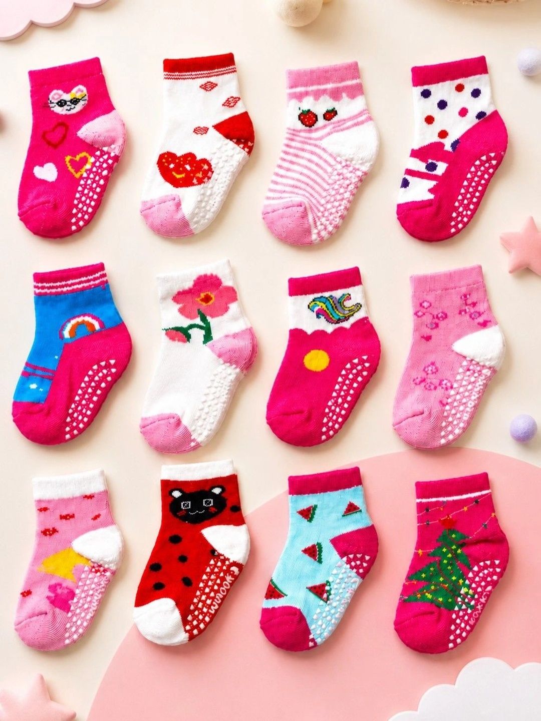 Nihvi Girls Pack of 4 Cotton Blend Assorted Patterned Ankle Length Socks-picture-44