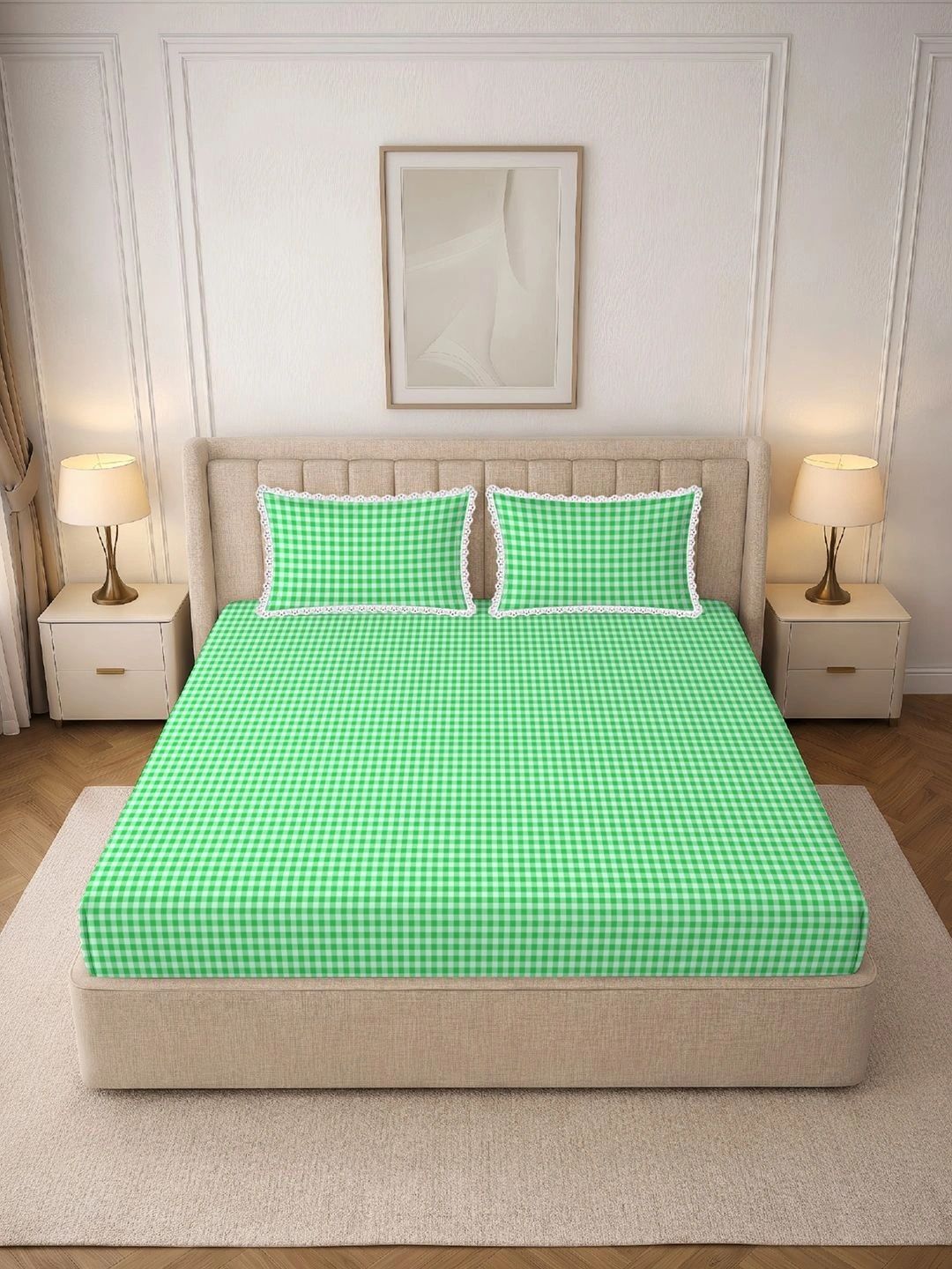 MORADO Green & White 130 TC Bedsheet with 2 Pillow Covers-picture-3