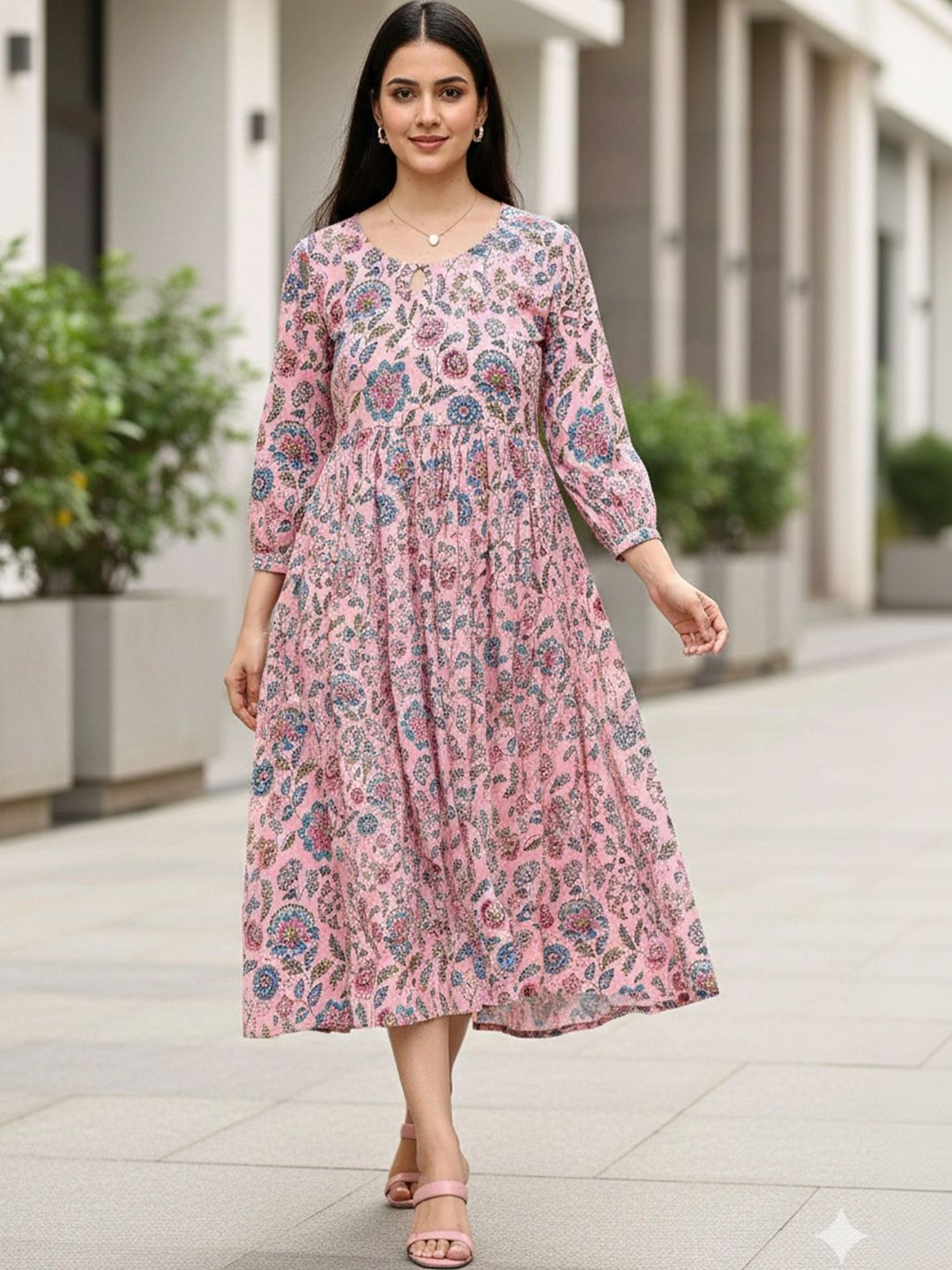 Roly Poly Floral Print A-Line Midi Dress-image-2