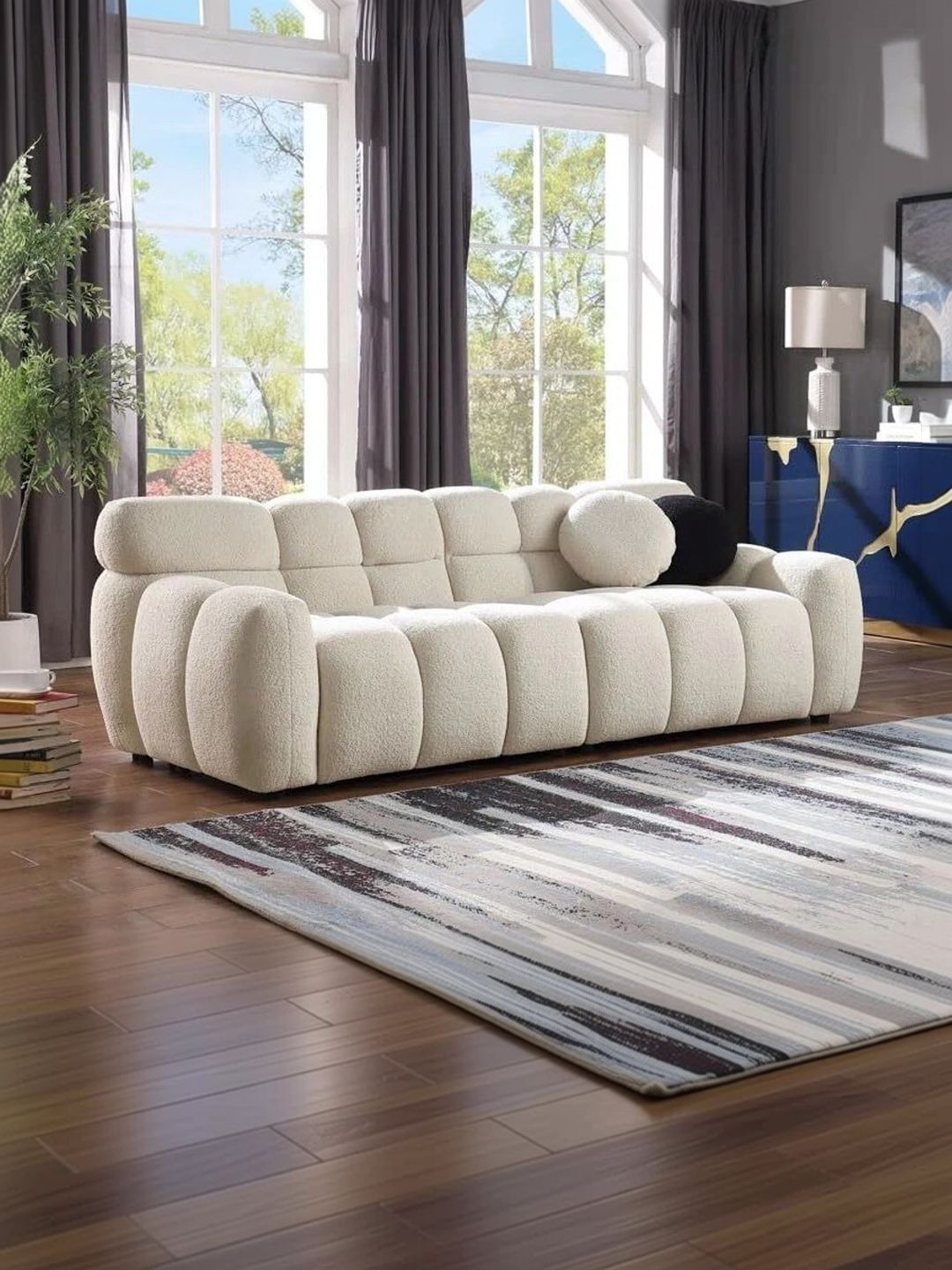 INDIAWOODMART Beige Fabric & Wooden 3-Seater Sofa-picture-18