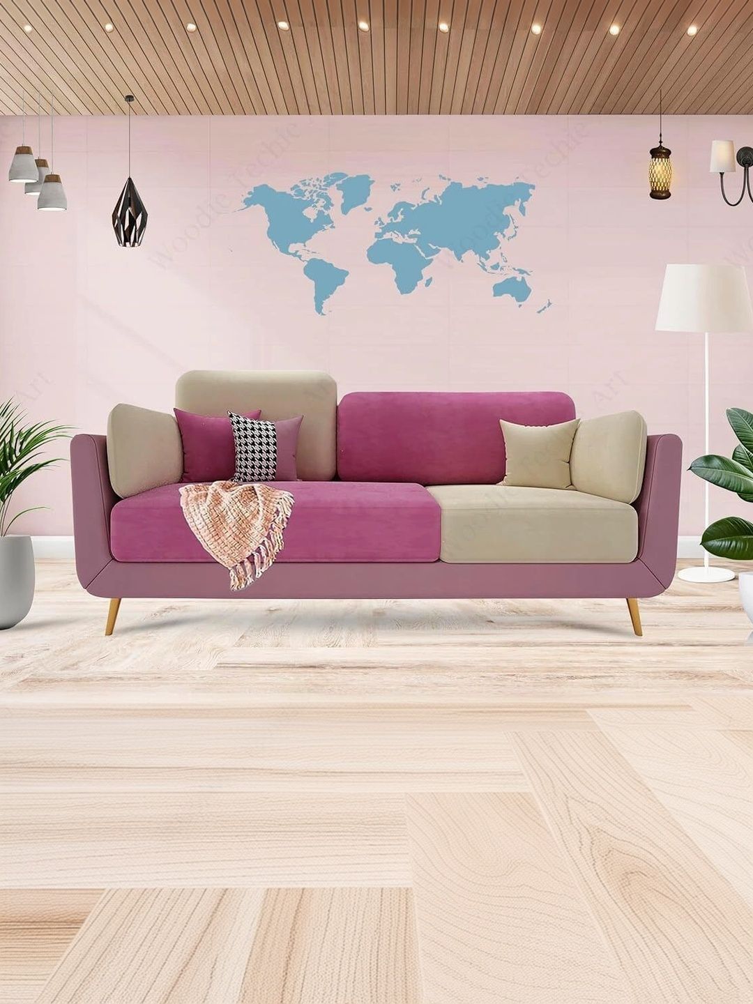 Soul craft Pink Velvet & Wooden 2-Seater Sofa-image-48