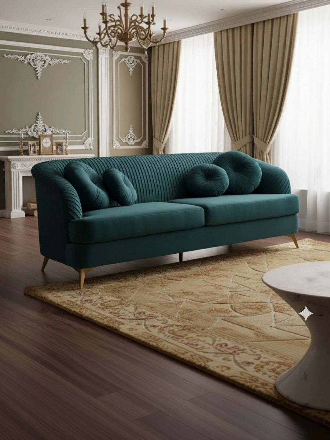 INDIAWOODMART Teal Green Velvet & Wooden 3-Seater Sofa-picture-44