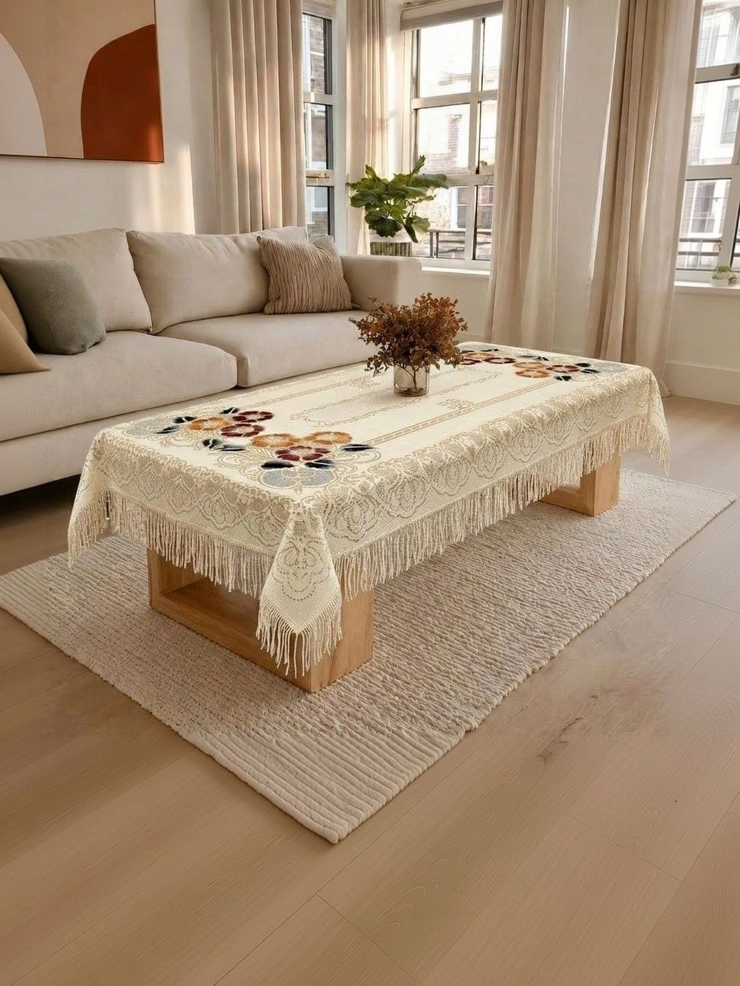 RYKA Off White Floral Cotton 4-Seater Table Cover with Textured details-picture-19