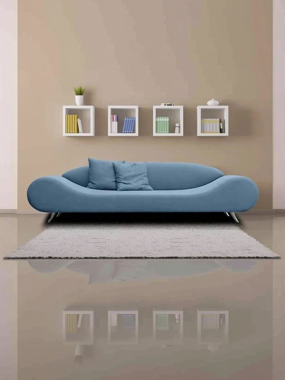 Soul craft Blue Velvet & Wooden 3-Seater Sofa-picture-46