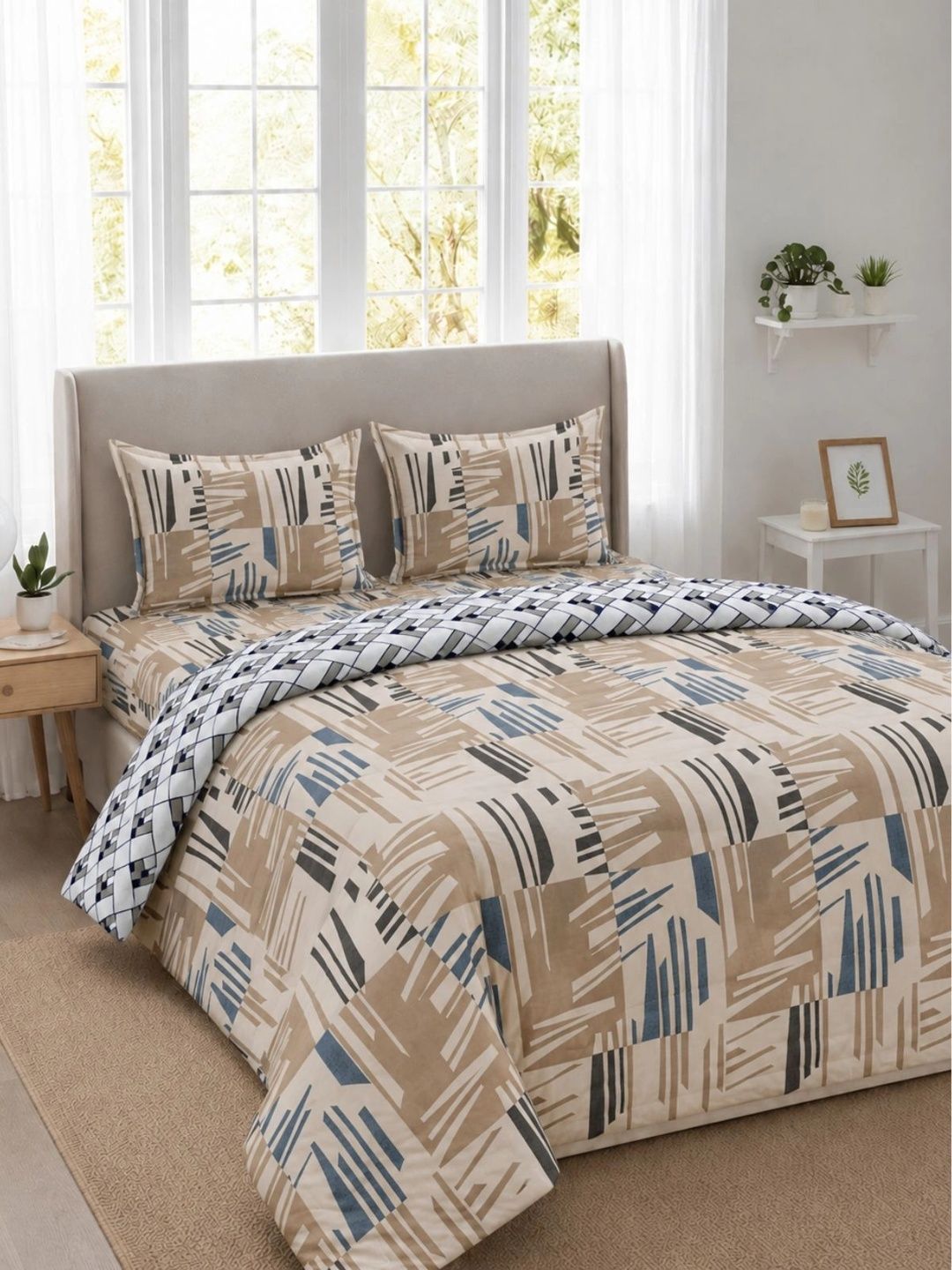 Florida Brown & Blue Geometric Polycotton 4 Piece Double King Superfine Bedding Set-picture-28