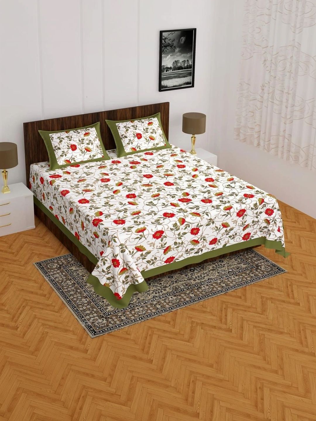 TIMELESS TRENDS White Graphic 144 TC Bedsheet with 2 Pillow Covers-image-27