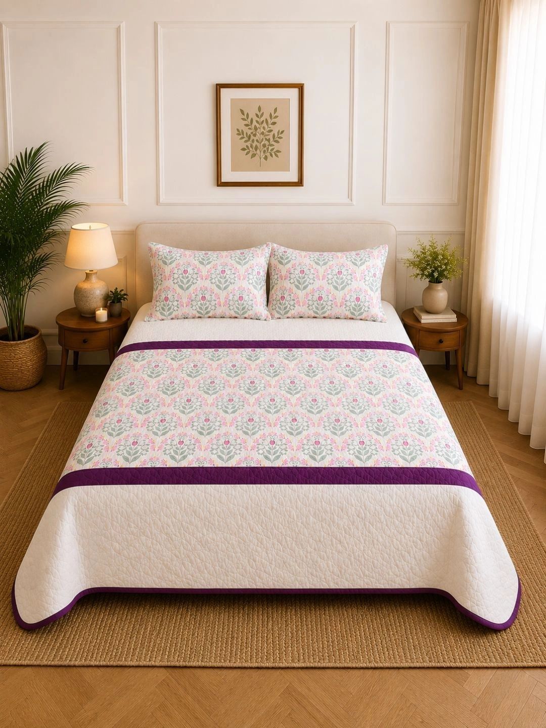 Linen Home Cream Floral Printed Double Bed - King Bed Covers-picture-31