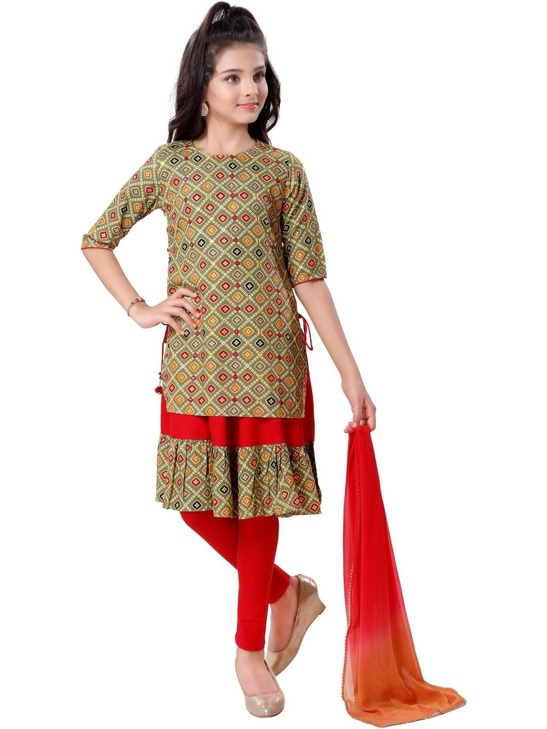 MASTARANG Girls Printed Tiered Kurti With Dupatta-picture-51