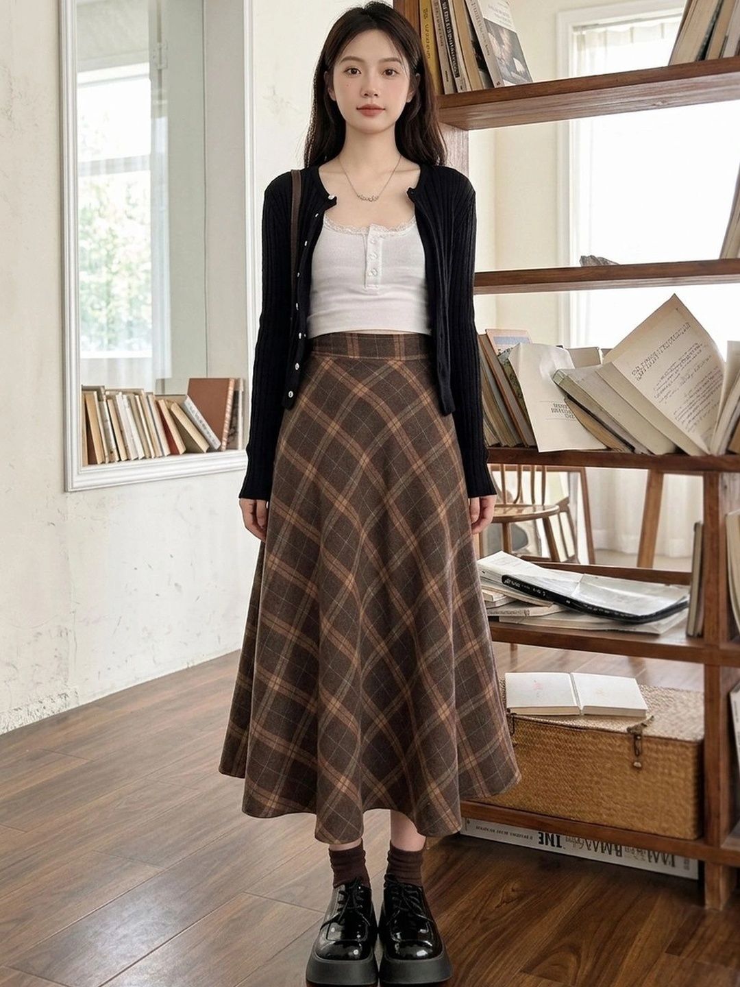 Suo Women Checked Midi A-Line Skirt-picture-10