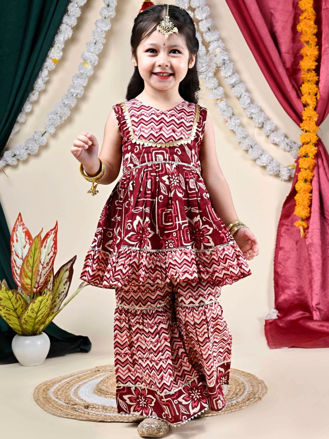 Titrit Girls Ethnic Motifs Printed Tiered Pure Cotton Kurta with Sharara-picture-12