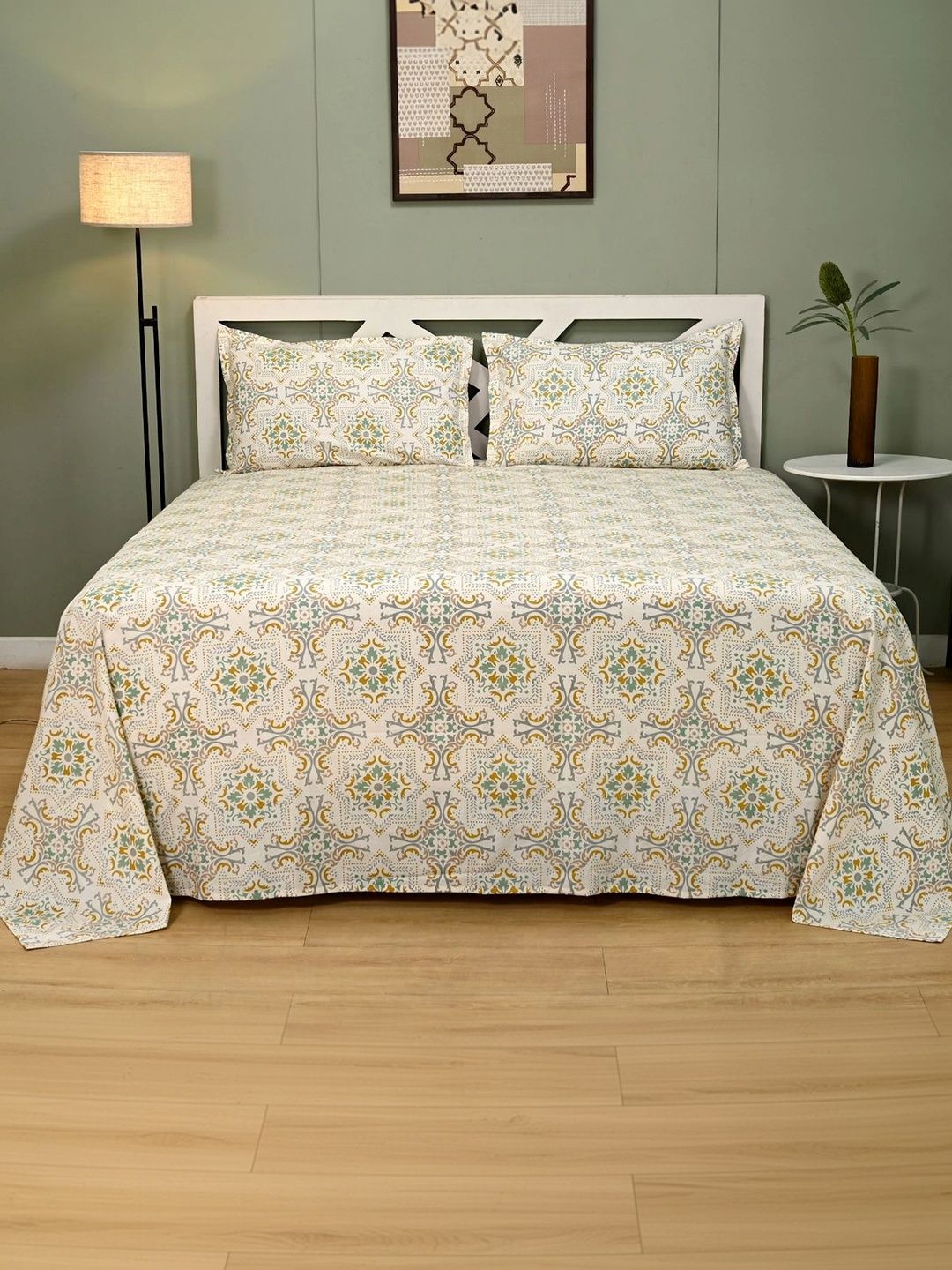 Ocean Home Store Green & Yellow Floral 120 TC King Bedsheet with 2 Pillow Covers-image-31