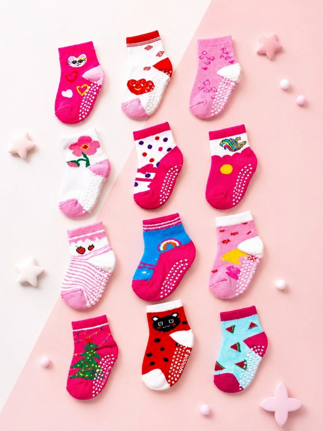 Nihvi Girls Pack of 4 Cotton Blend Assorted Patterned Above Ankle Socks-picture-35