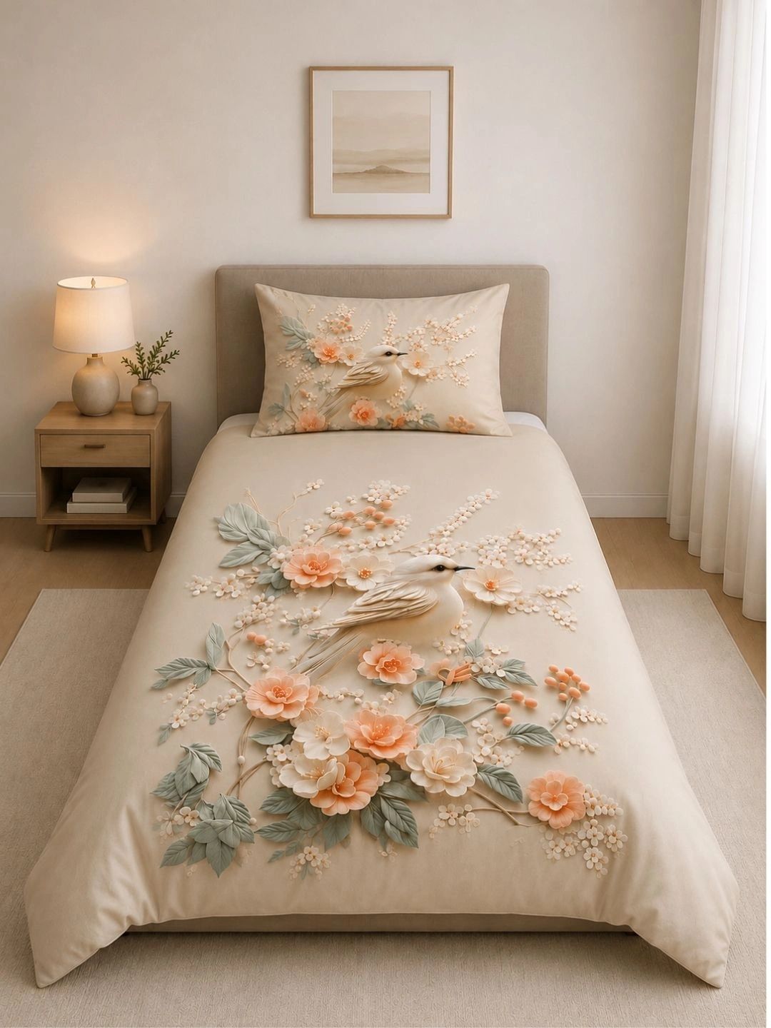 Cortina Pink & Peach-Coloured Floral Single Bedsheet with 1 Pillow Covers-picture-29