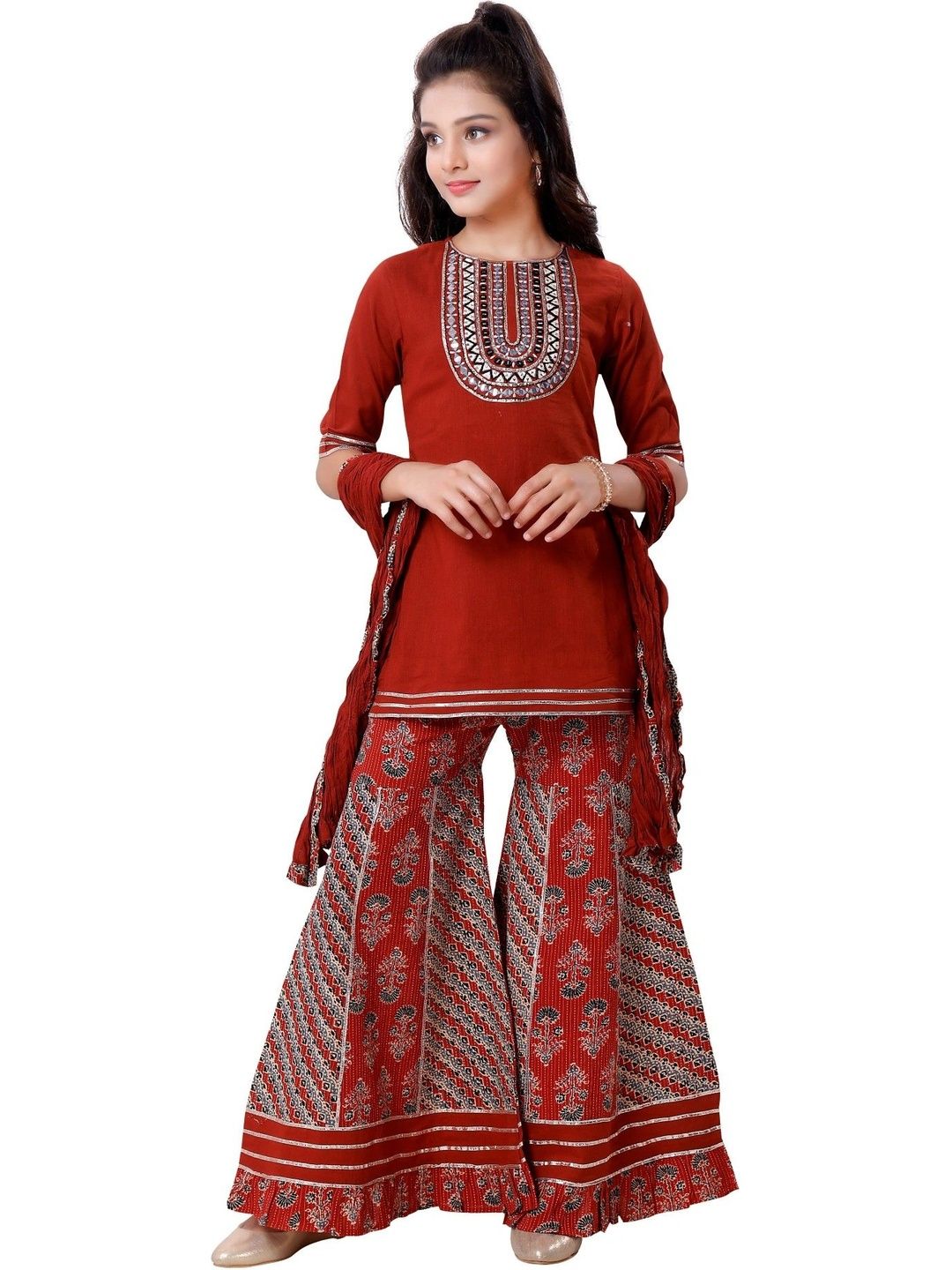 MASTARANG Girls Ethnic Motifs Embroidered Regular Pure Cotton Kurta with Sharara & With Dupatta-picture-31