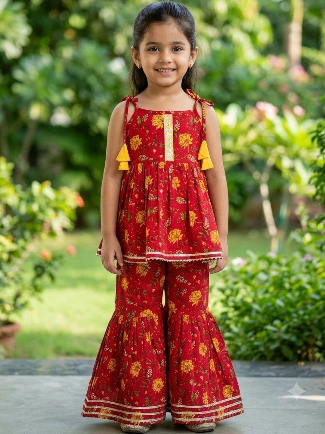 SAKA DESIGNS Girls Floral Printed Empire Pure Cotton Top with Sharara-picture-20