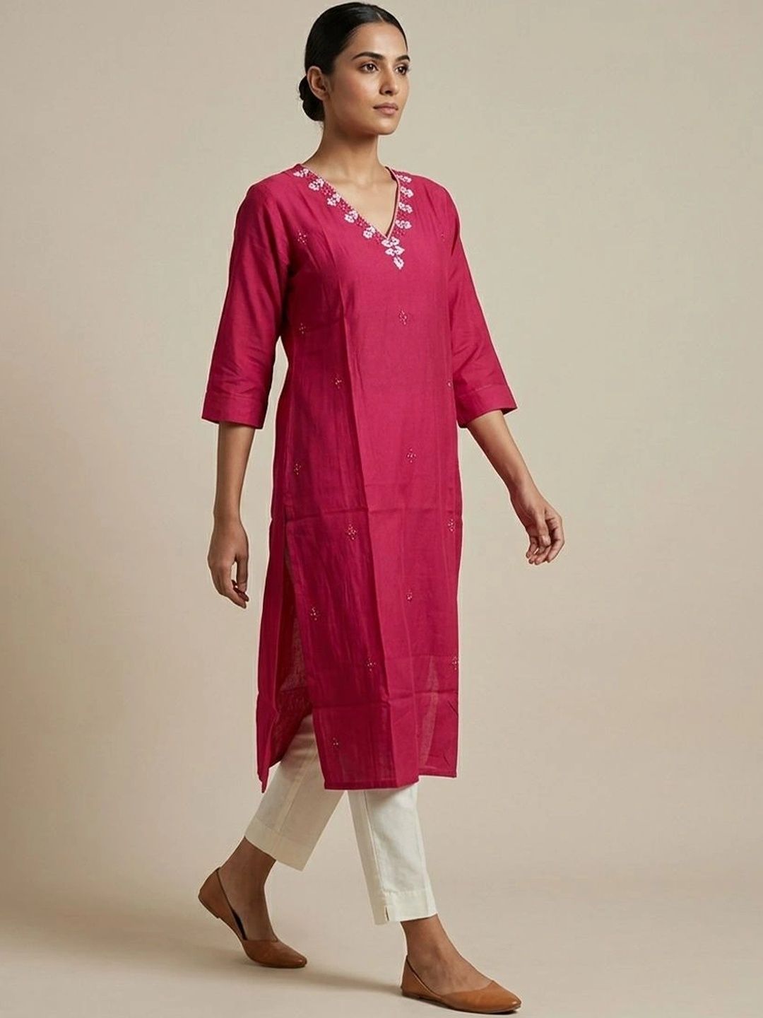 gokurtis Ethnic Motifs Embroidered V-Neck Thread Work Pure Cotton Blend Handloom Thread Work Kurti-picture-27