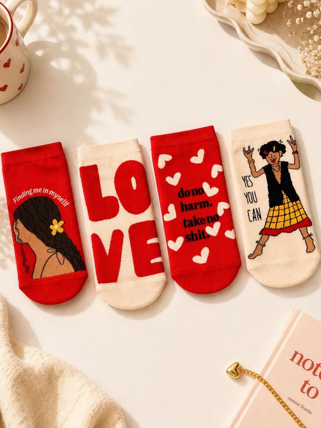 Thela Gaadi Unisex Pack of 4 Cotton Patterned Ankle Length Socks-picture-36