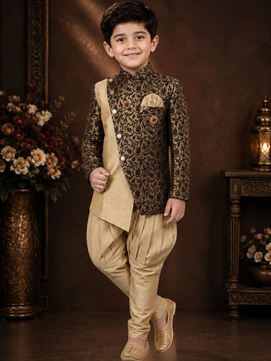 SUNCITY FASHION MART Boys Ethnic Motifs Embroidered Angrakha Dupion Silk Kurta with Dhoti Pants-image-48