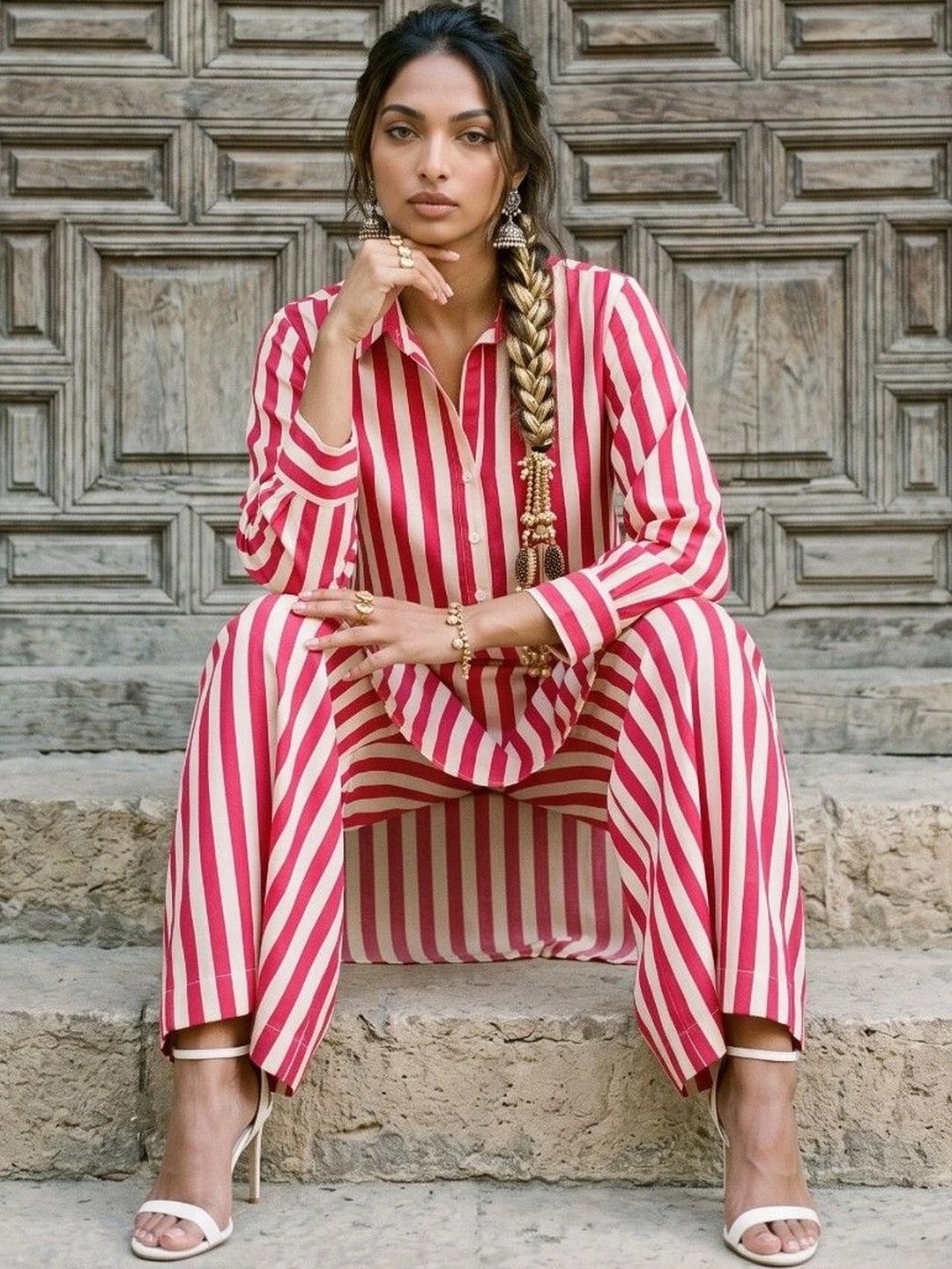 mokshi Women Striped Regular Pure Cotton Kurta with Palazzos-image-18