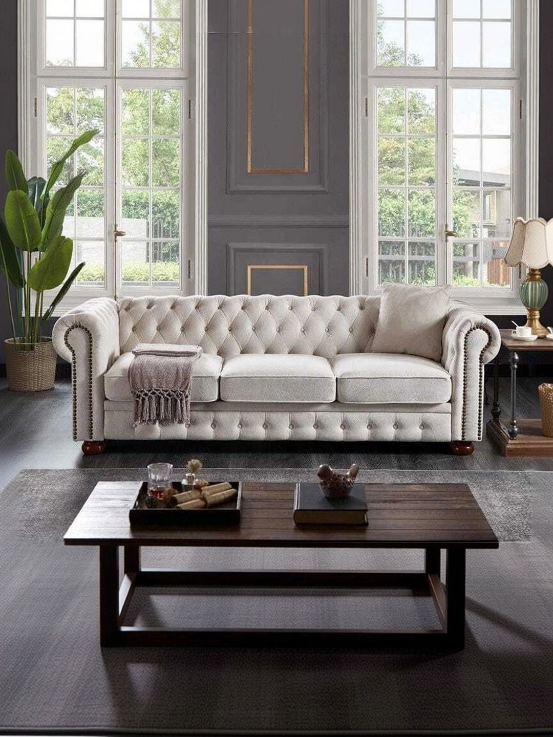 INDIAWOODMART Beige Linen & Wooden 3-Seater Sofa-image-45