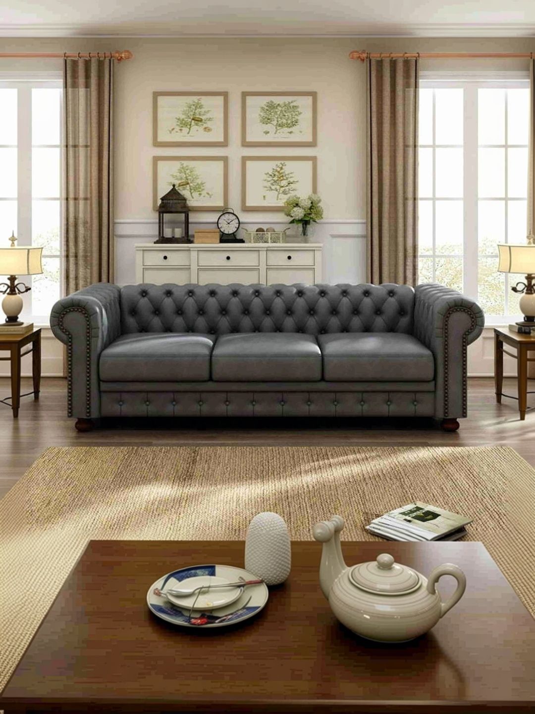 Soul craft Grey Leatherette & Wooden 3-Seater Sofa-picture-15