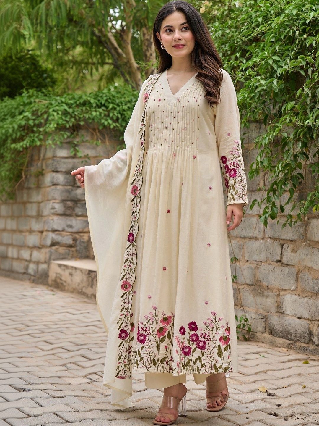 HERE&NOW Women Floral Embroidered Empire Thread Work Kurta with Trousers & With Dupatta-picture-49