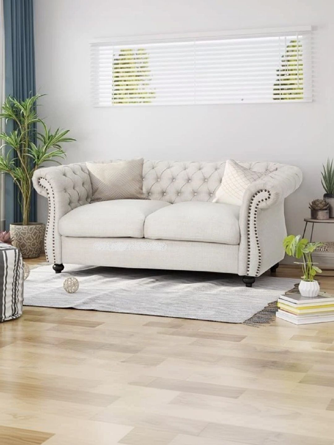 Soul craft White Velvet & Wooden 2-Seater Sofa-image-6