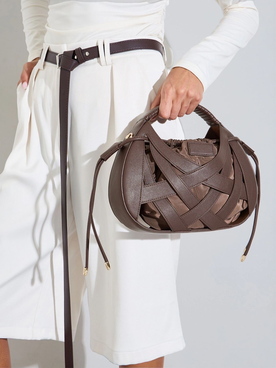 Styli Women Brown Solid Top-Handle Woven Cage Drawstring Detail Handbag-image-41