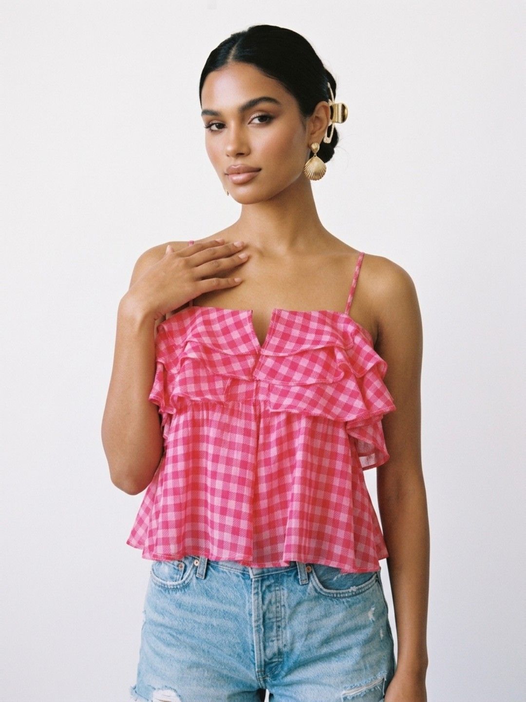 Phosphorus Checked Shoulder Straps Ruffles Crop A-Line Top-picture-9