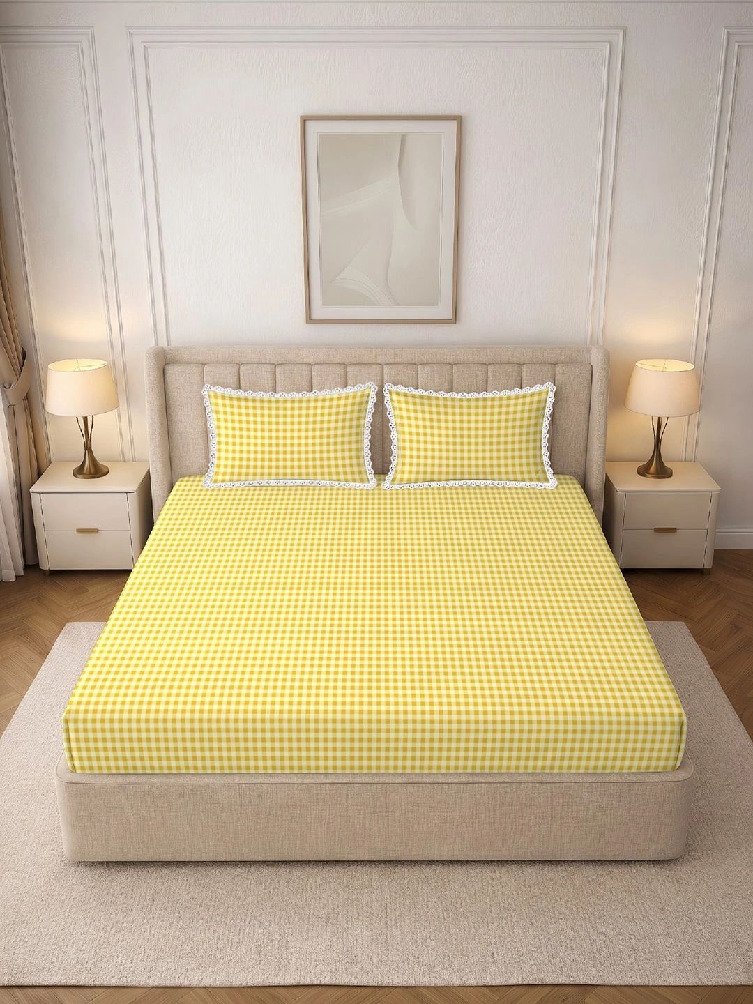 MORADO Yellow & White 130 TC Bedsheet with 2 Pillow Covers-picture-2
